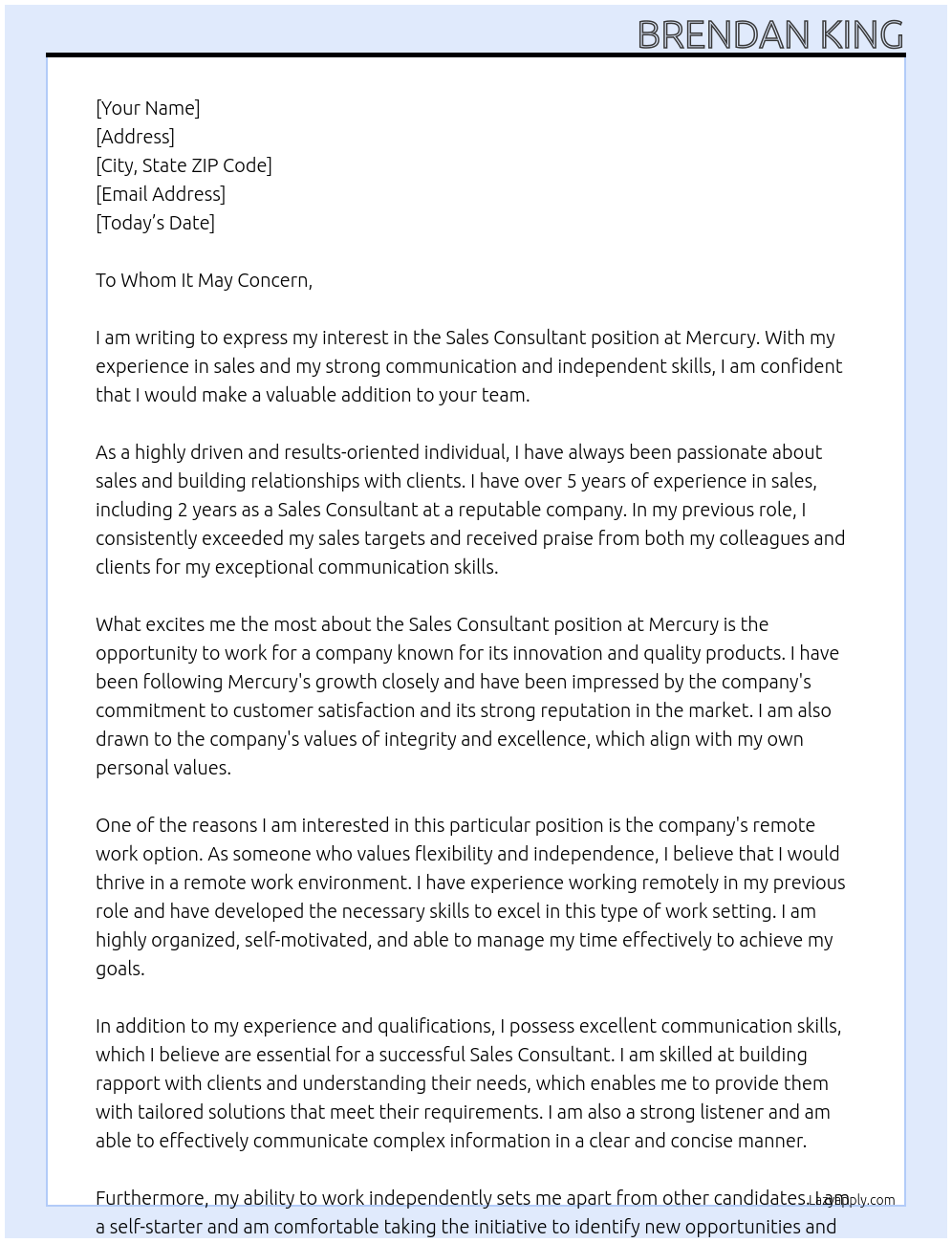 Sales consultant At Mercury Cover Letter