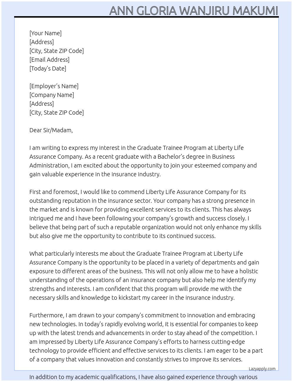 Graduate trainee program At Liberty life assurance company Cover Letter