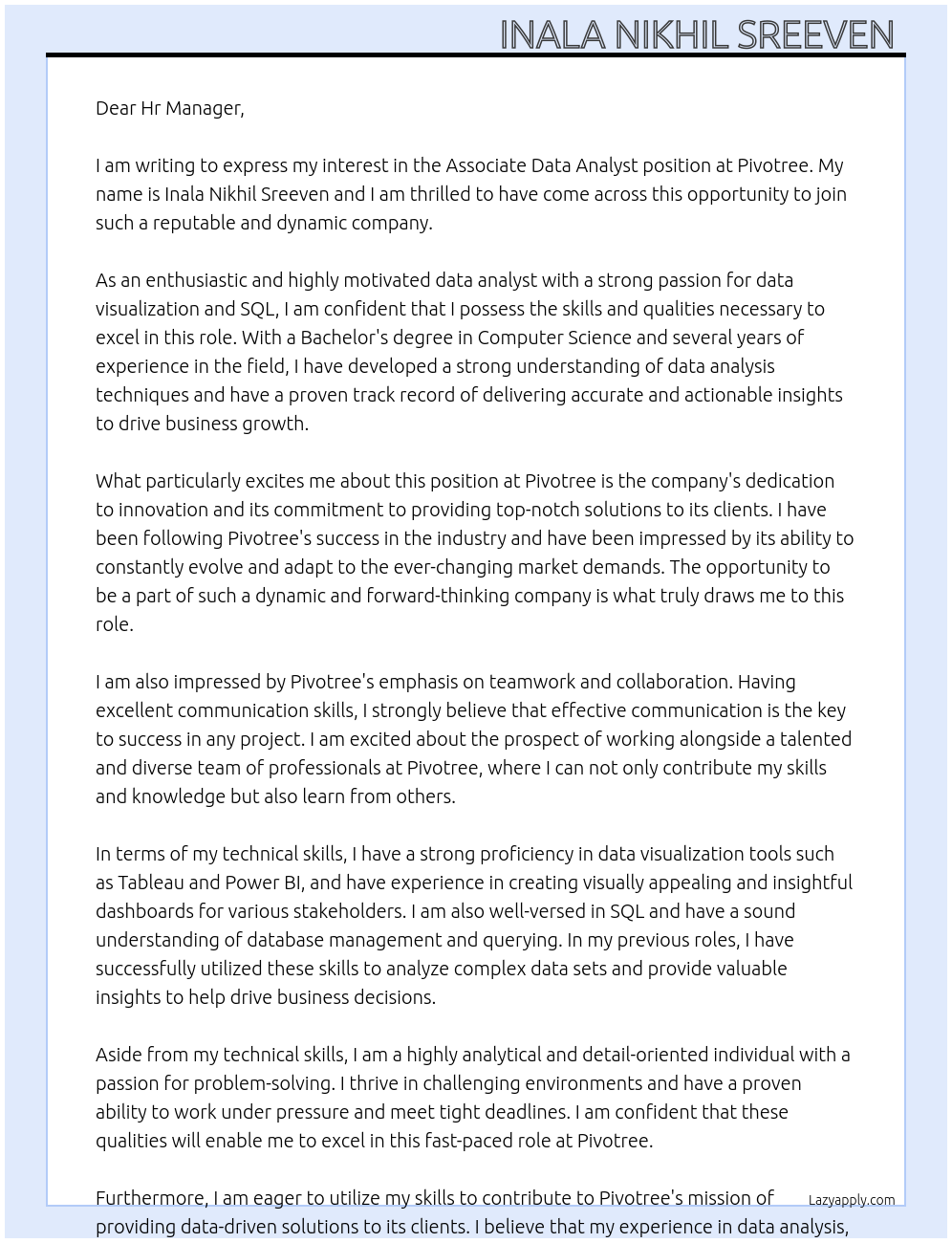 Associate data analyst At Pivotree Cover Letter