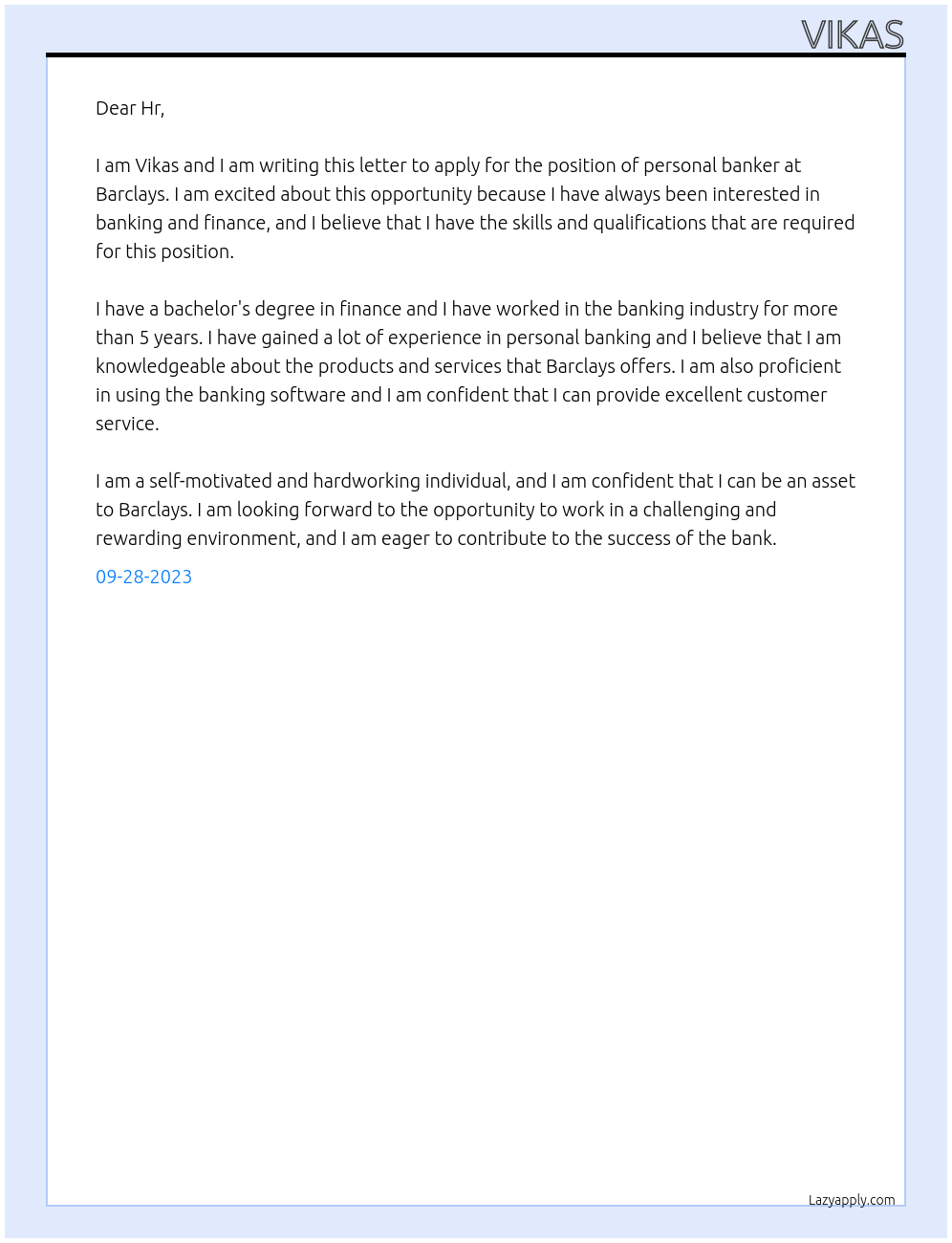 Cover letter for personal banker - LazyApply