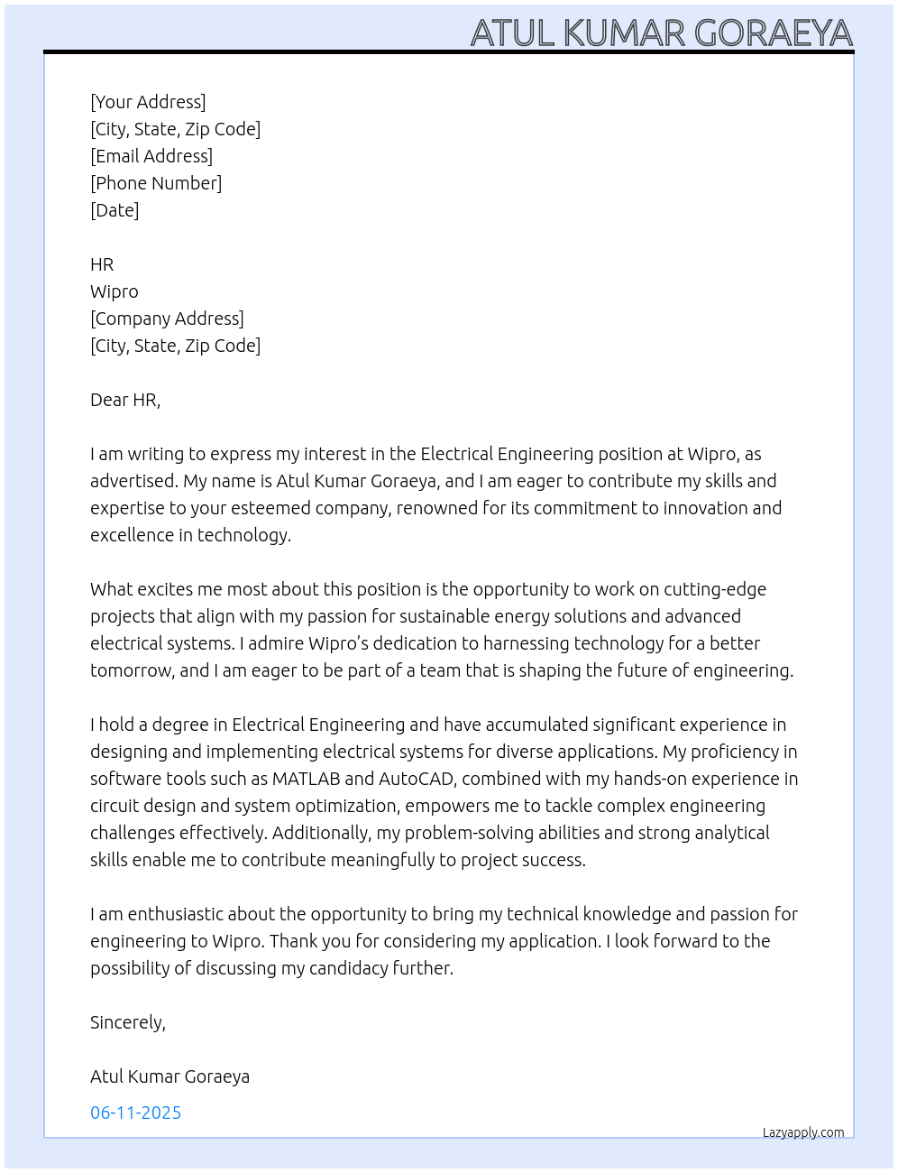 Electrical Engineering At Wipro Cover Letter