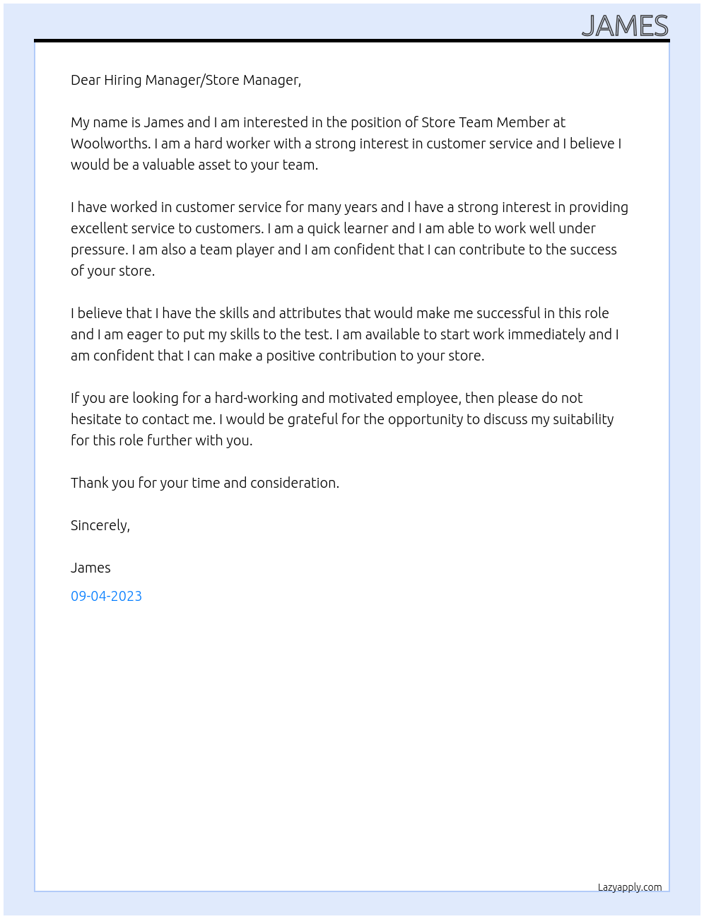 Store Team Member At Woolworths  Cover Letter