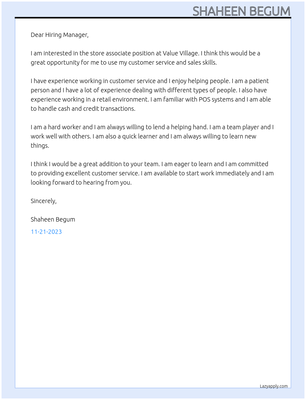 Store Associate At Value Village Cover Letter