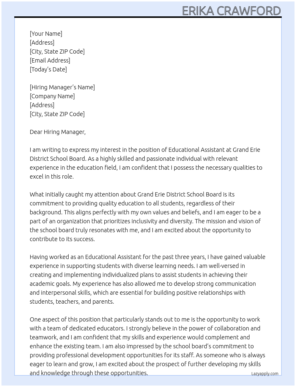 Educational Assistant At Grand Erie District School Board Cover Letter