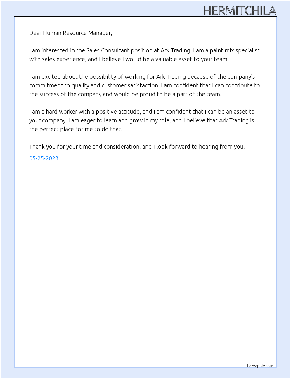 Sales Consultant At Ark Trading Cover Letter