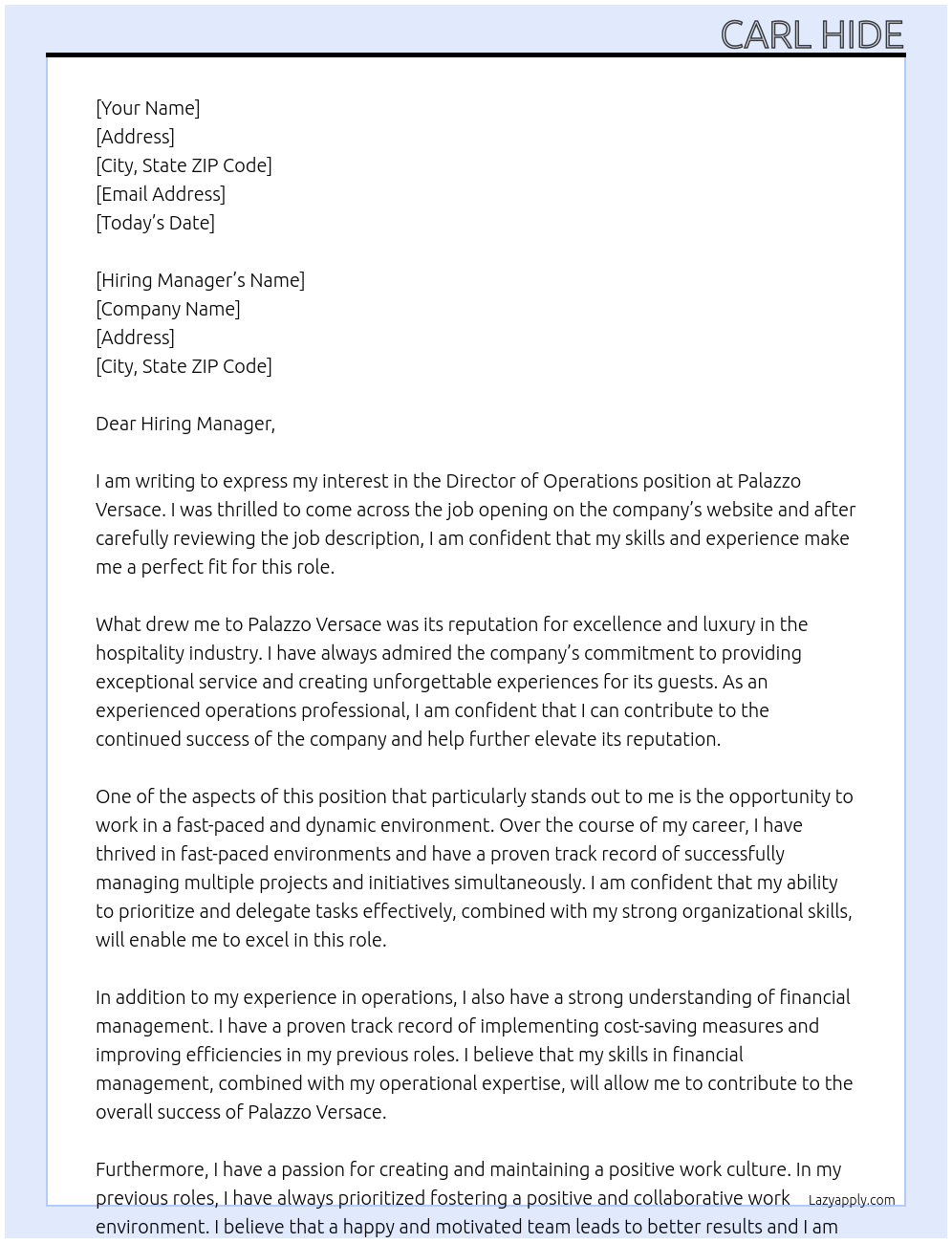 Director of operations At Palazzo Versace Cover Letter