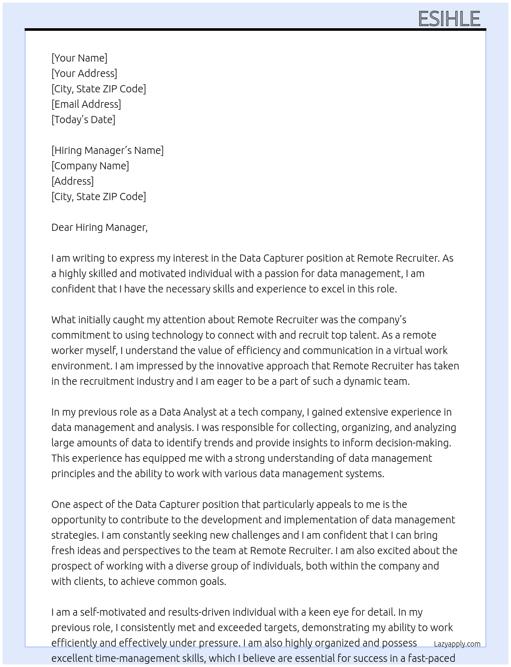 Data Capturer At Remote Recruiter Cover Letter