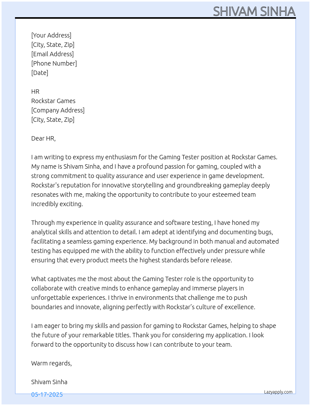 Cover letter for gaming tester - LazyApply