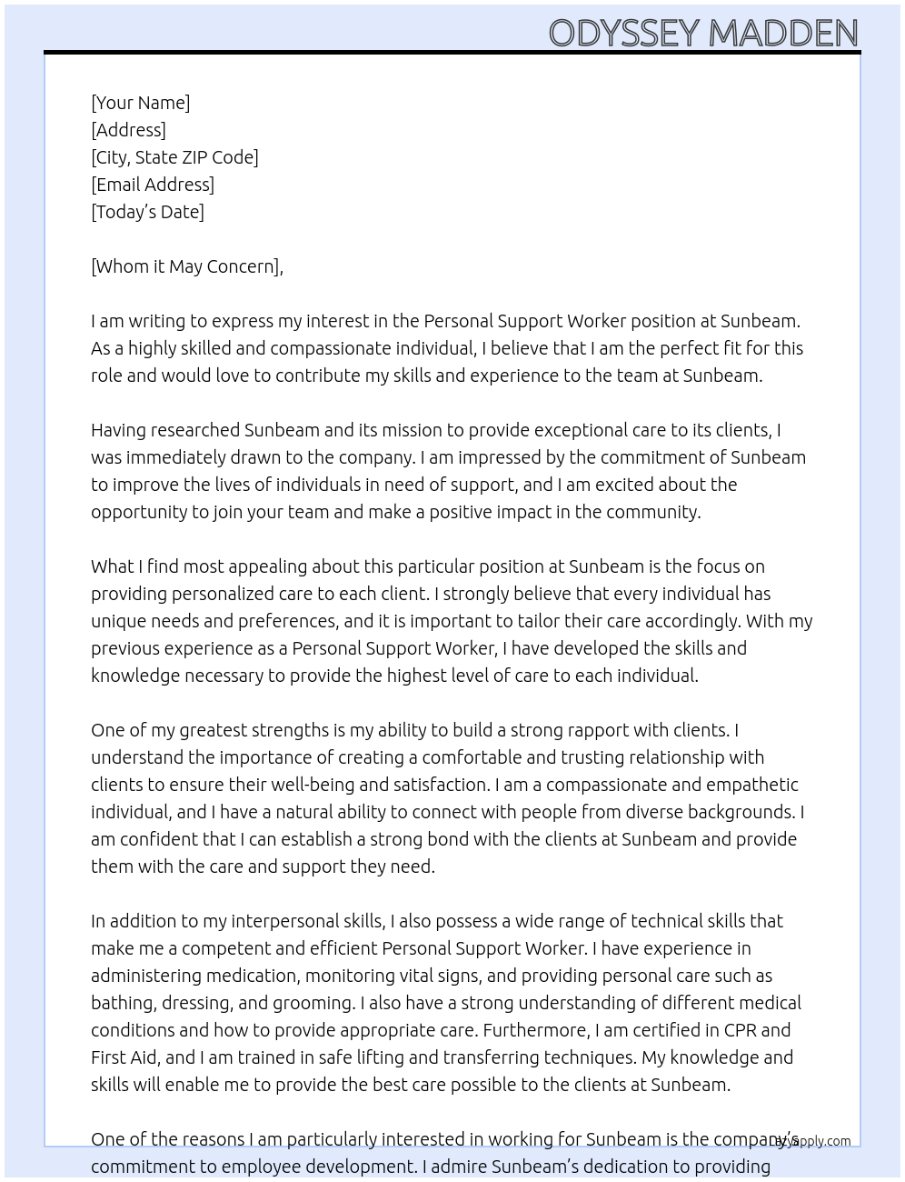 Personal Support Worker At Sunbeam Cover Letter