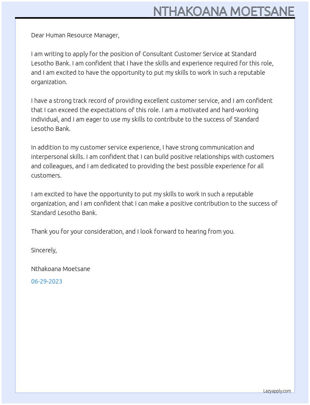 Consultant customer service At Standard Lesotho Bank Cover Letter