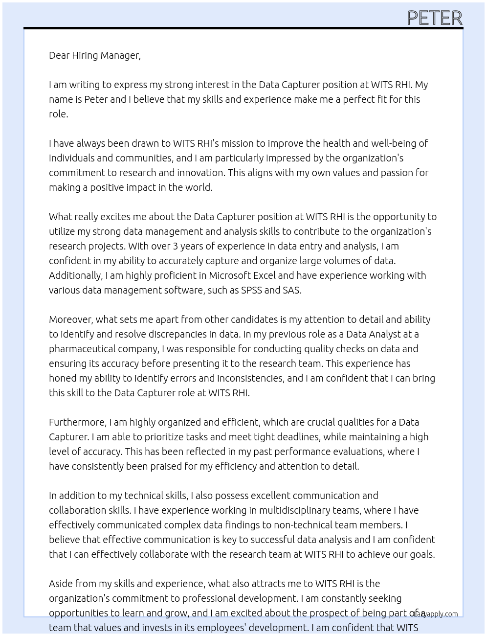 Data capturer At WITS RHI Cover Letter