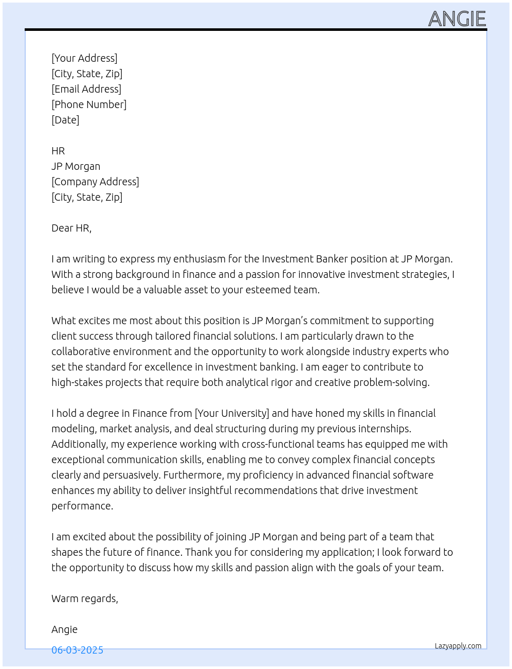 investment banker At JP Morgan Cover Letter