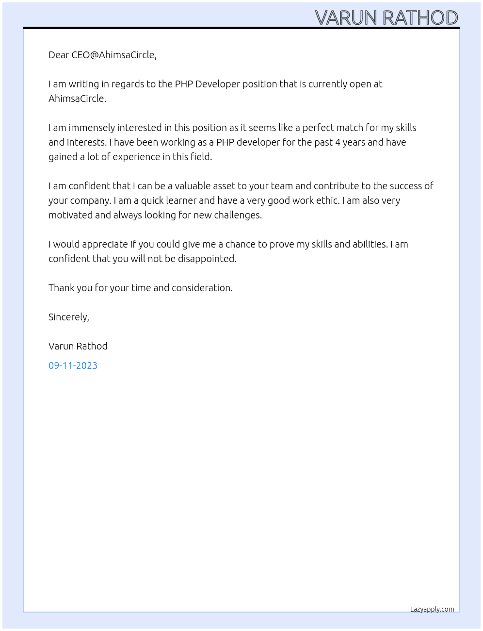 PHP Developer At AhimsaCircle Cover Letter