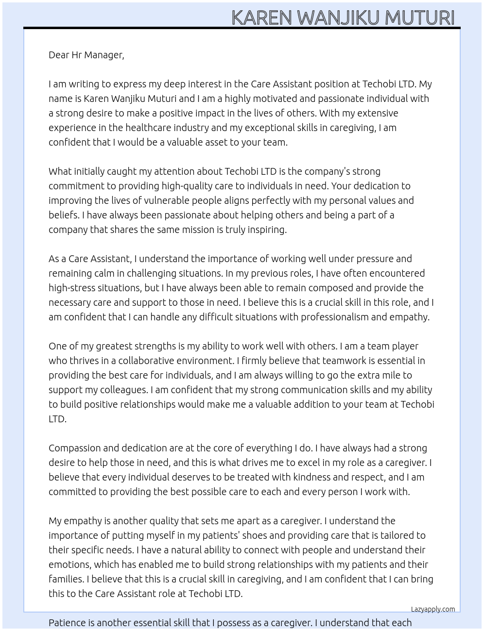 Care Assistant  At Techobi LTD Cover Letter