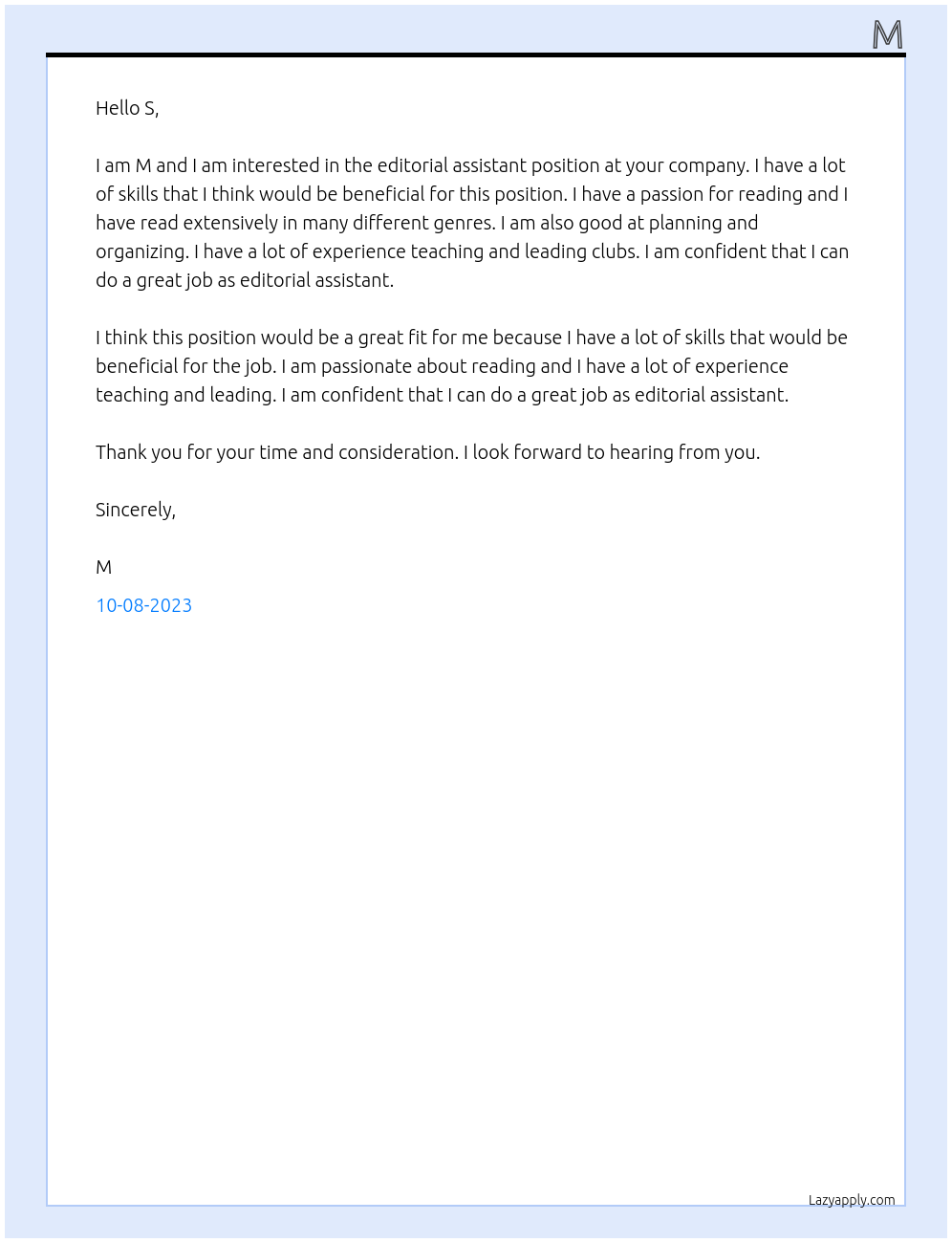 Editorial assistant At S Cover Letter