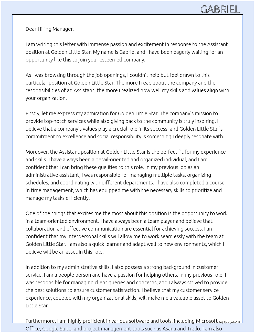 Assistant  At Golden Little Star Cover Letter
