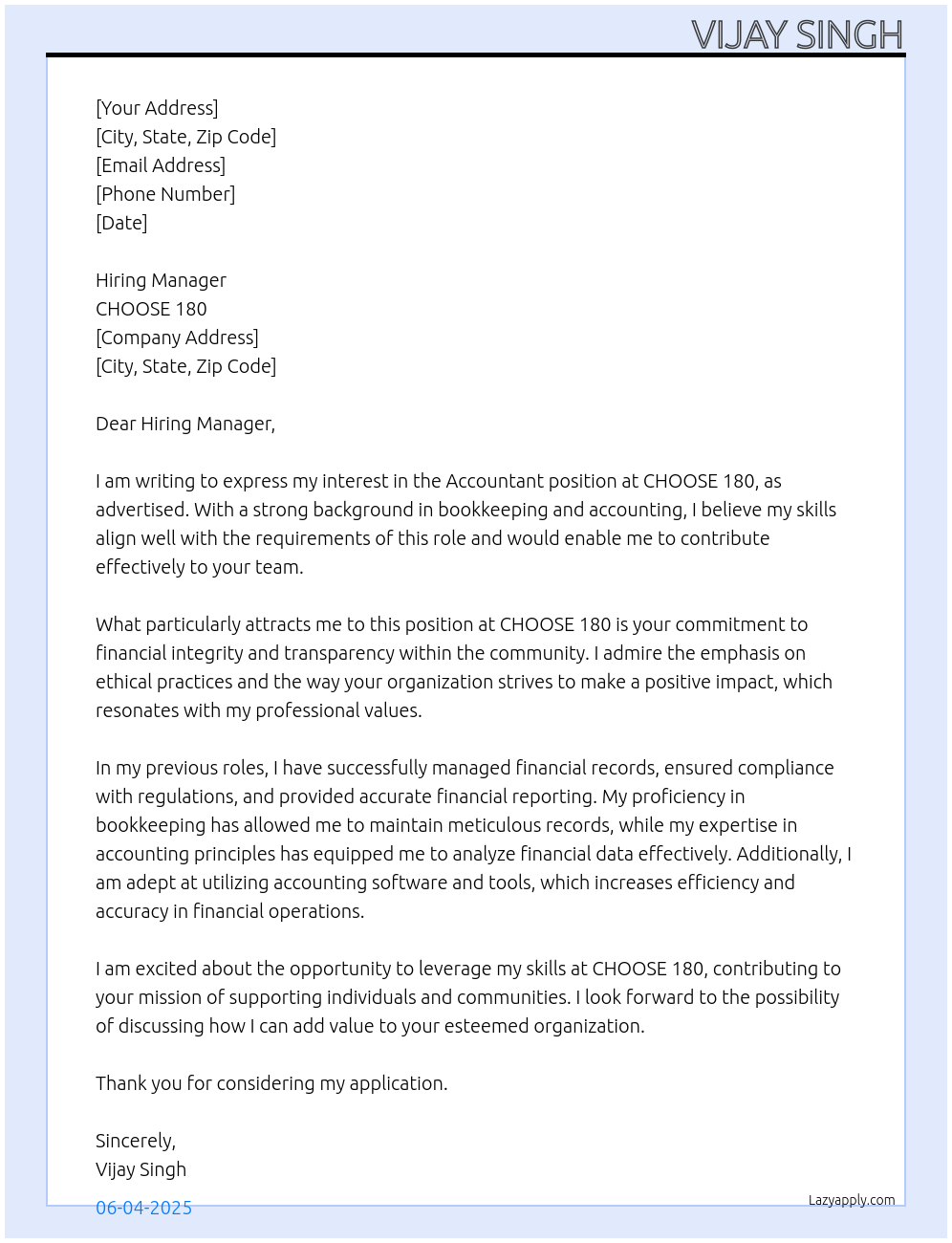 Accountant At CHOOSE 180 Cover Letter