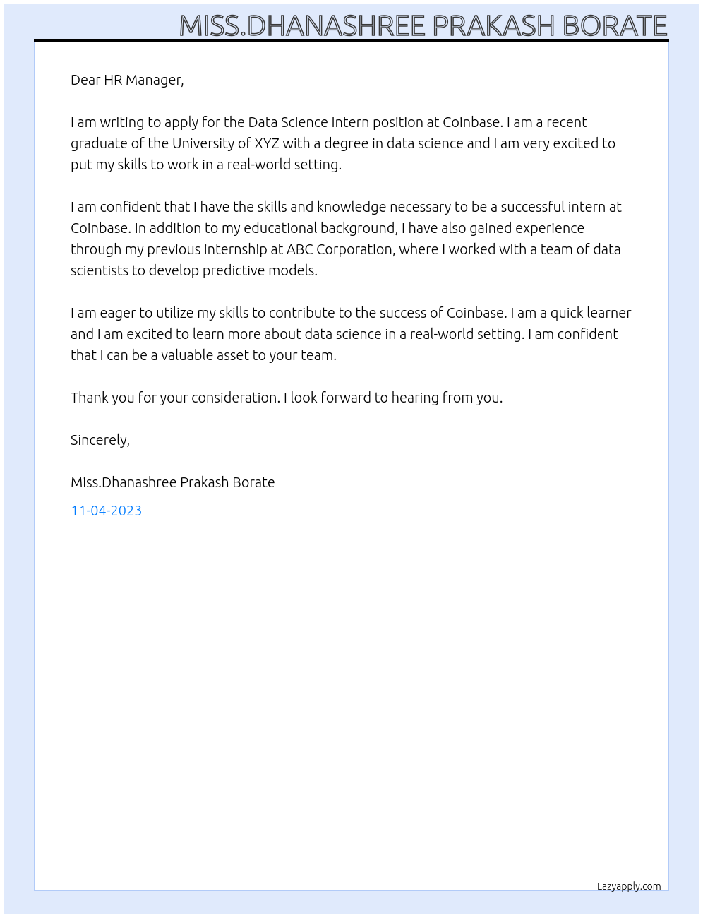 Data Science Intern At Coinbase Cover Letter