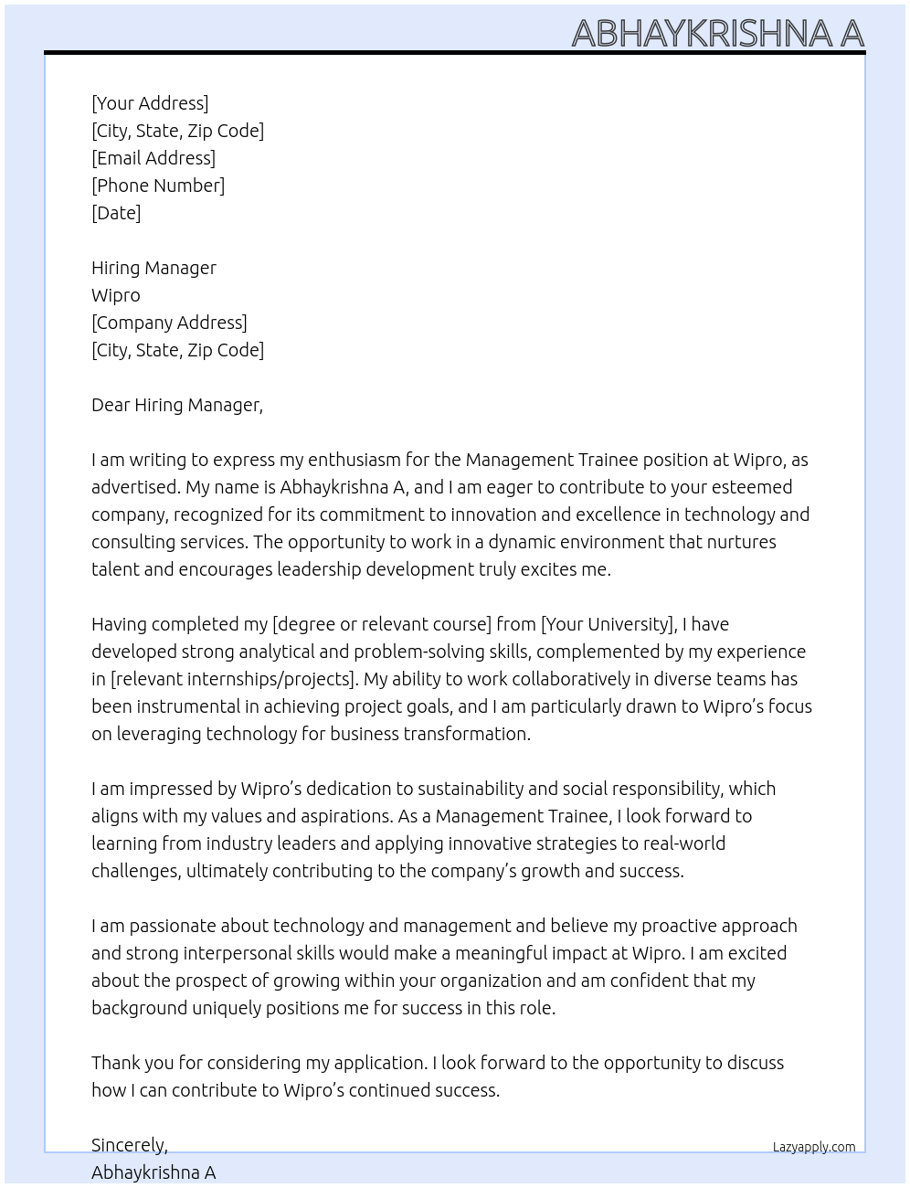 management trainee At wipro Cover Letter