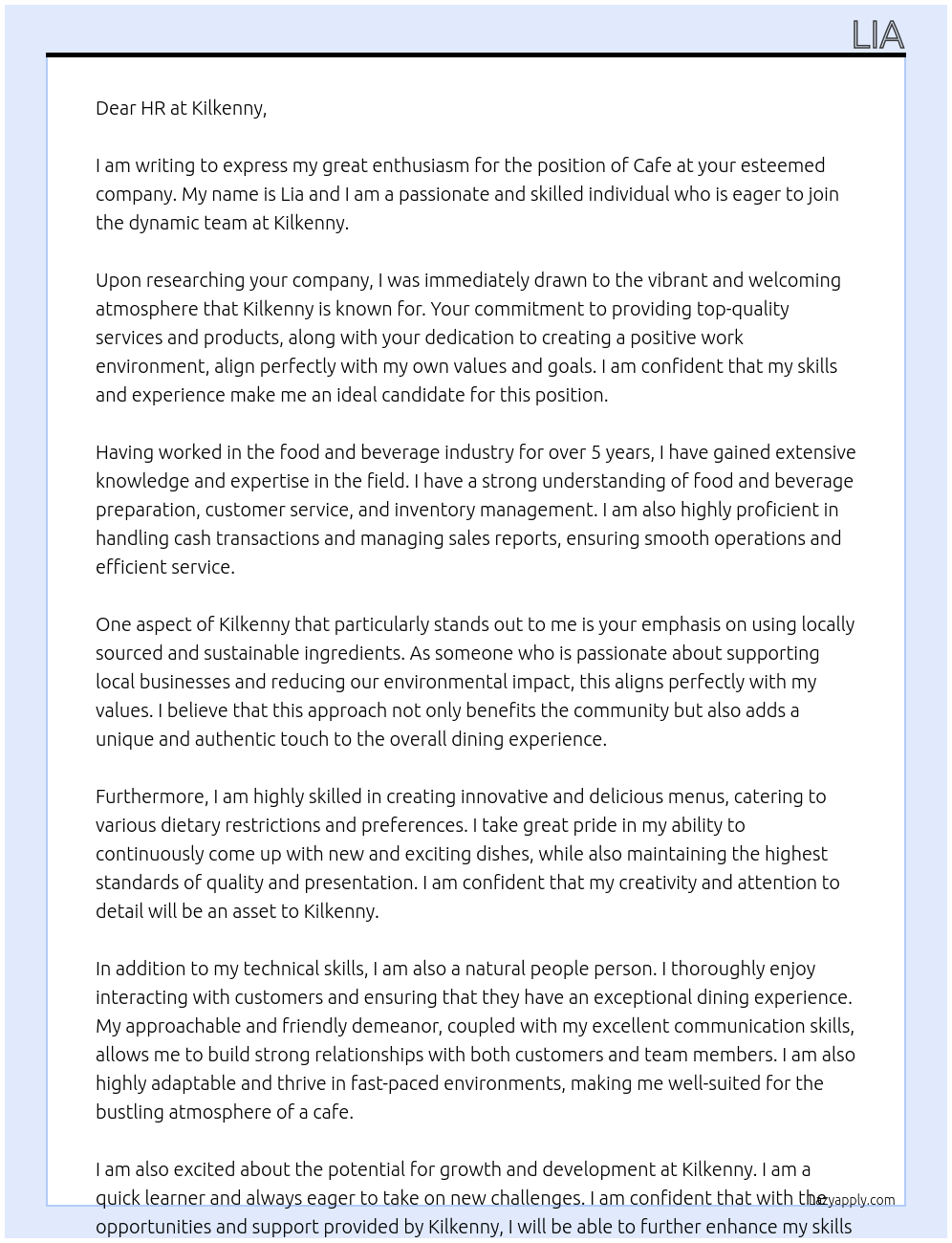 Cafe At Kilkenny Cover Letter