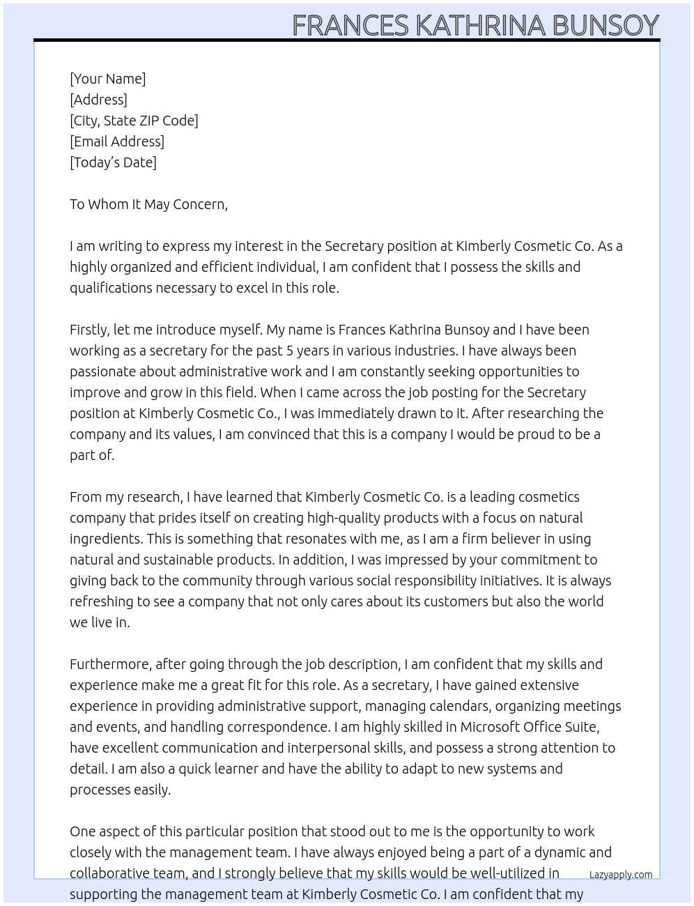 Secretary At Kimberly Cosmetic Co. Cover Letter