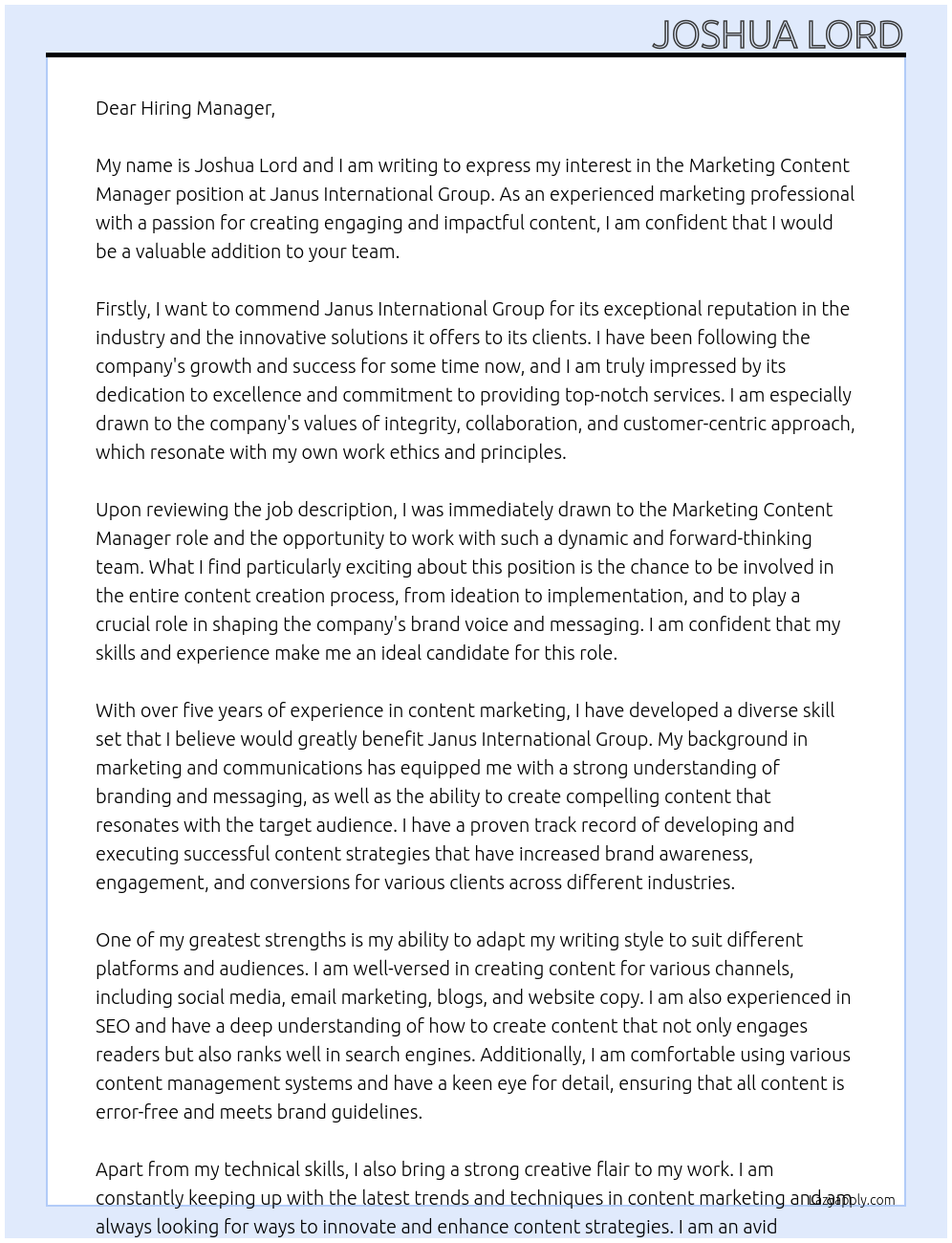 Marketing Content Manager At Janus International Group Cover Letter