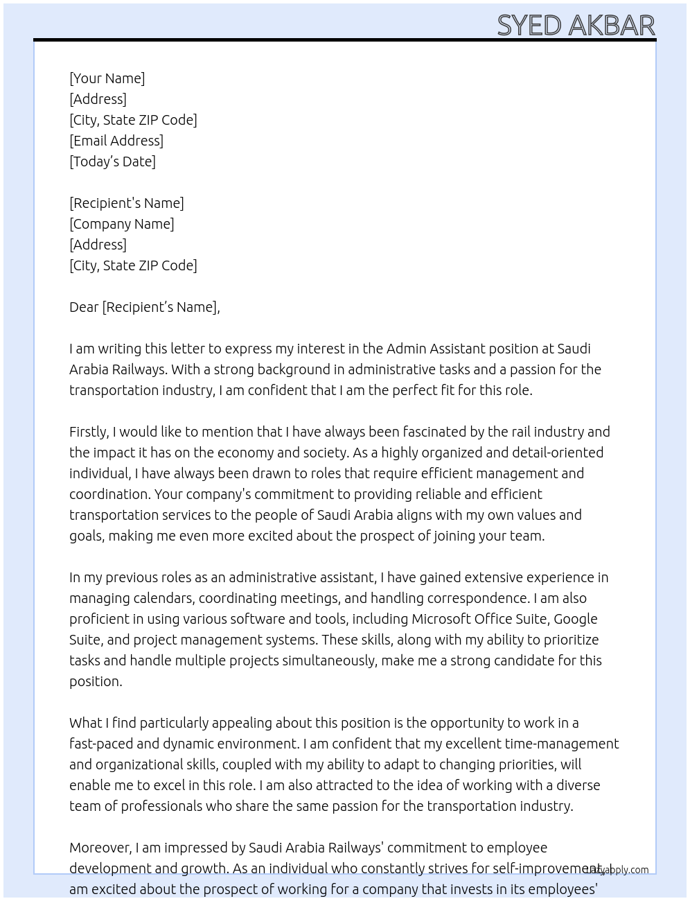 Admin Assitant At Saudi Arabia Railways Cover Letter