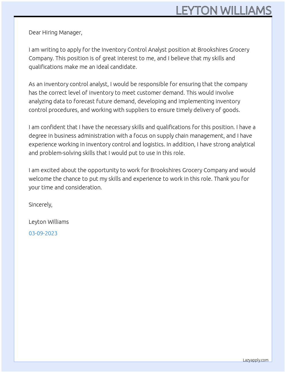 Inventory Control Analyst At Brookshires Grocery Company Cover Letter