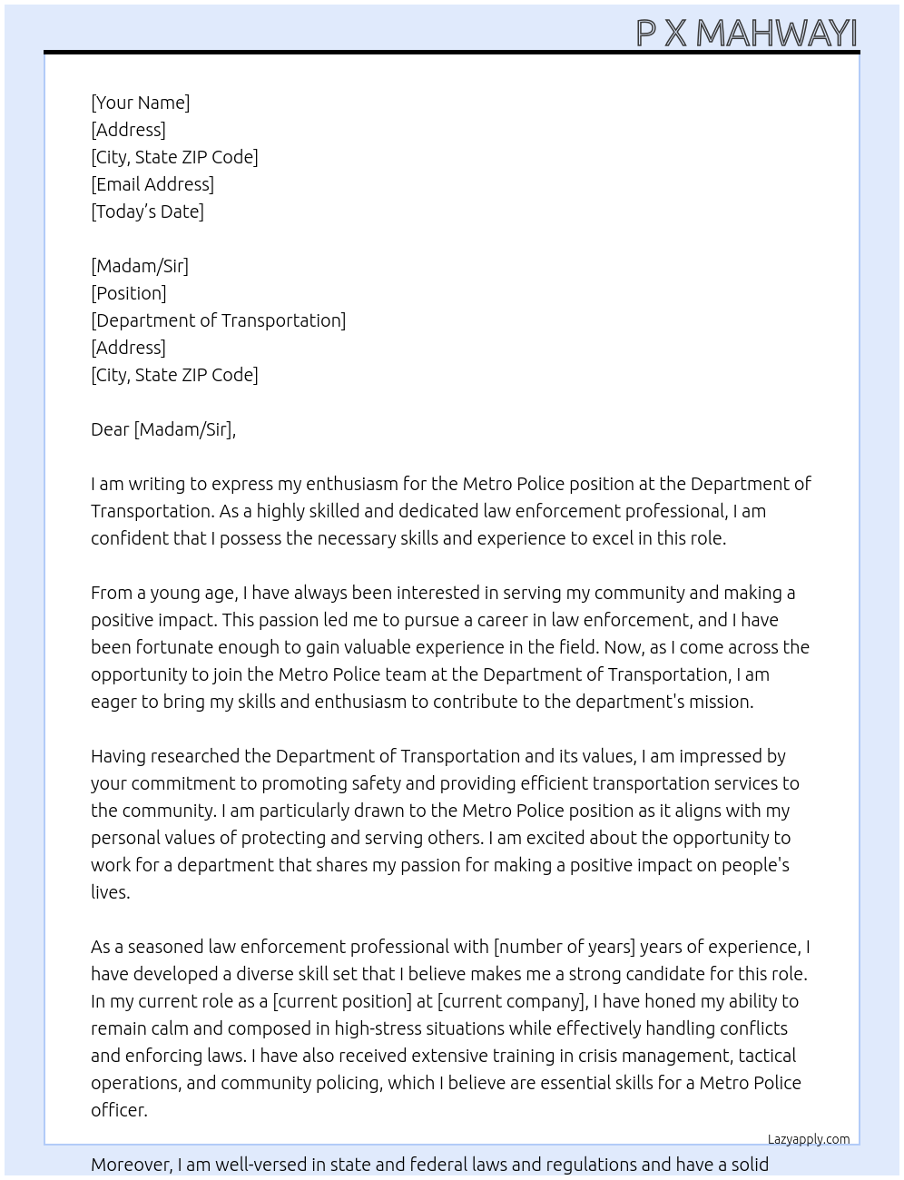 Metro police At Department of transportation  Cover Letter