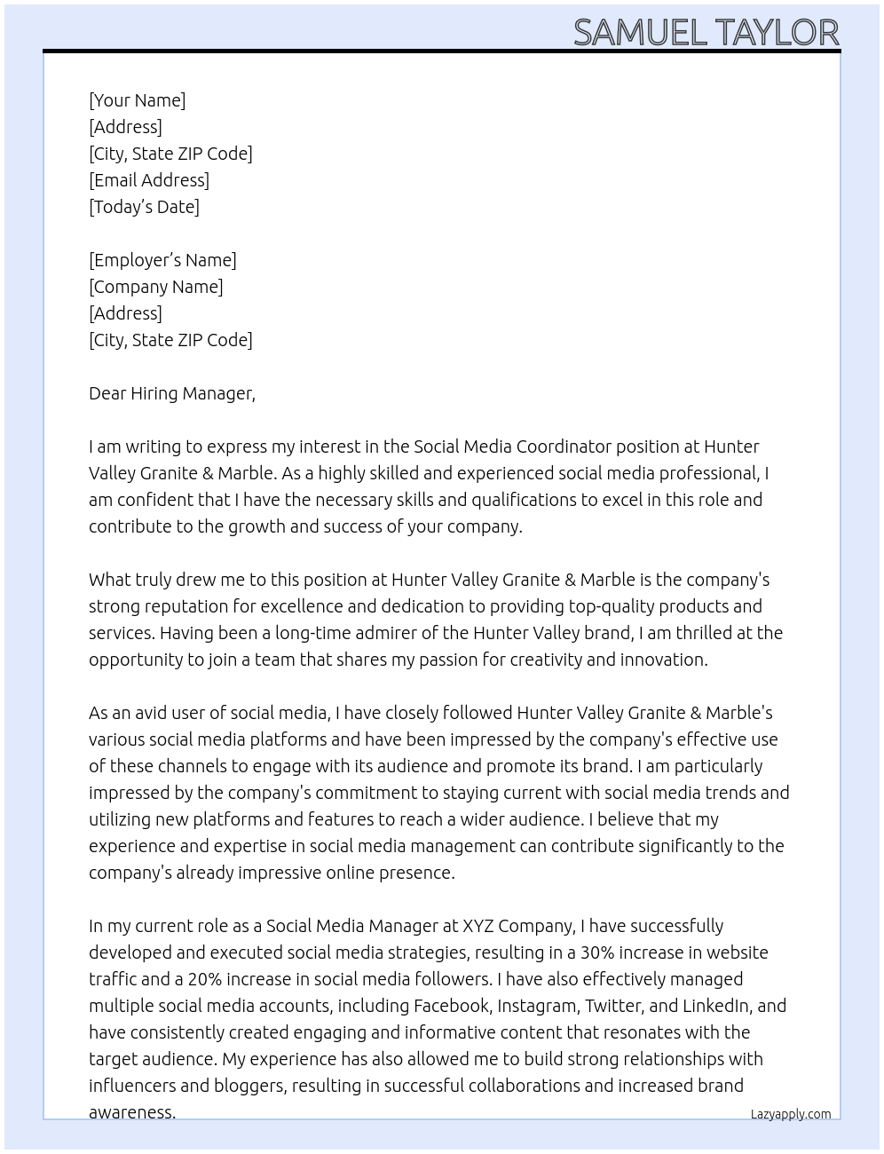 Social Media Coordinator At Hunter Valley Granite & Marble Cover Letter