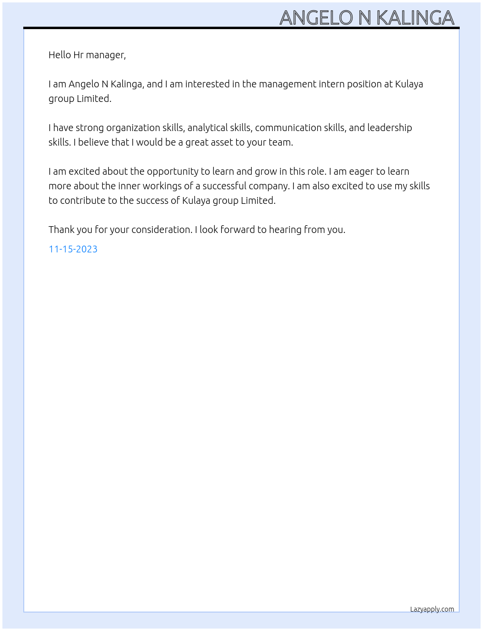 Management intern At Kulaya group Limited Cover Letter