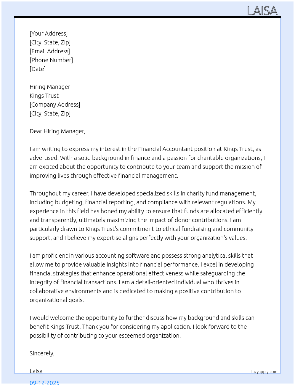 Cover letter for financial accountant - LazyApply