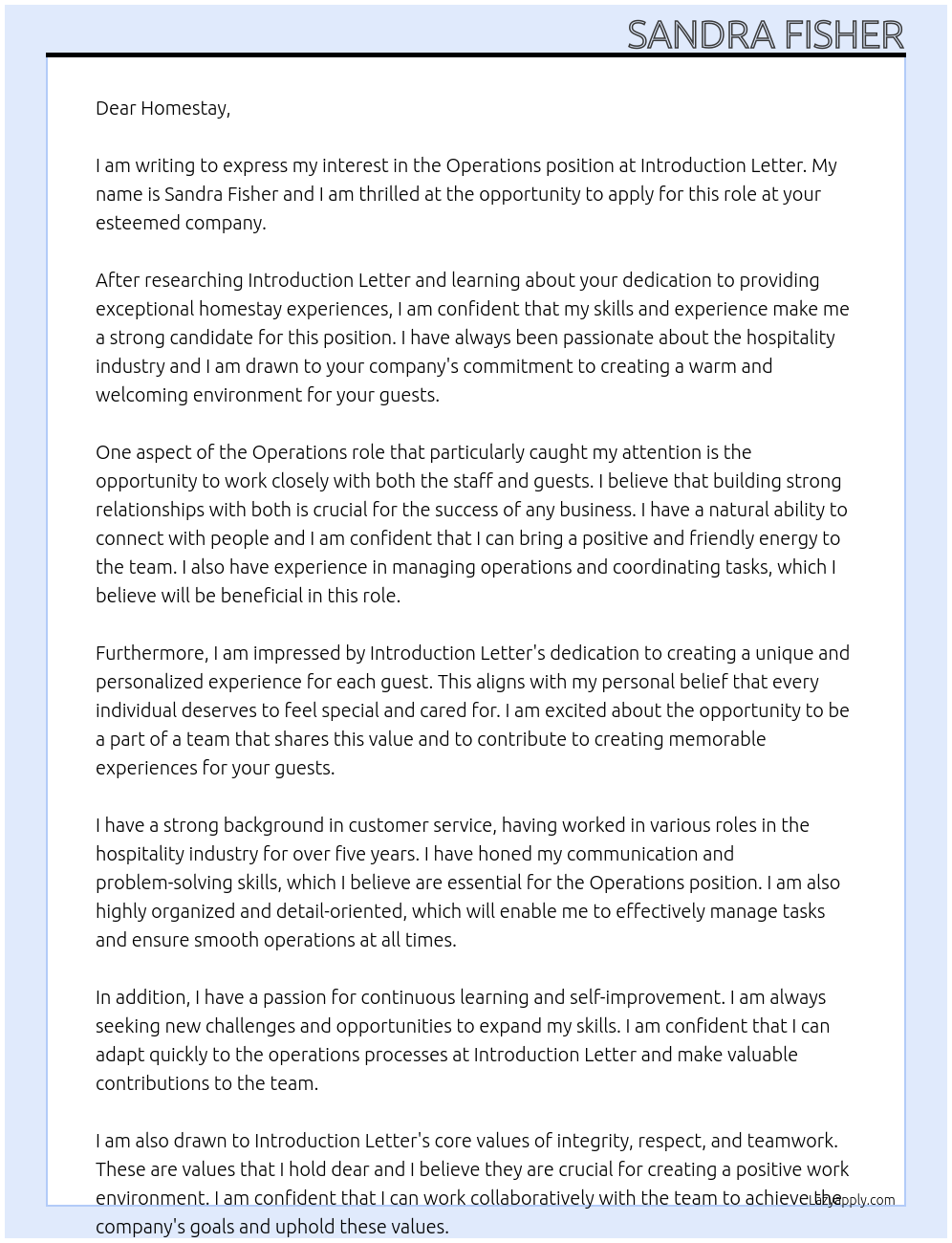 operations  At Introduction letter Cover Letter