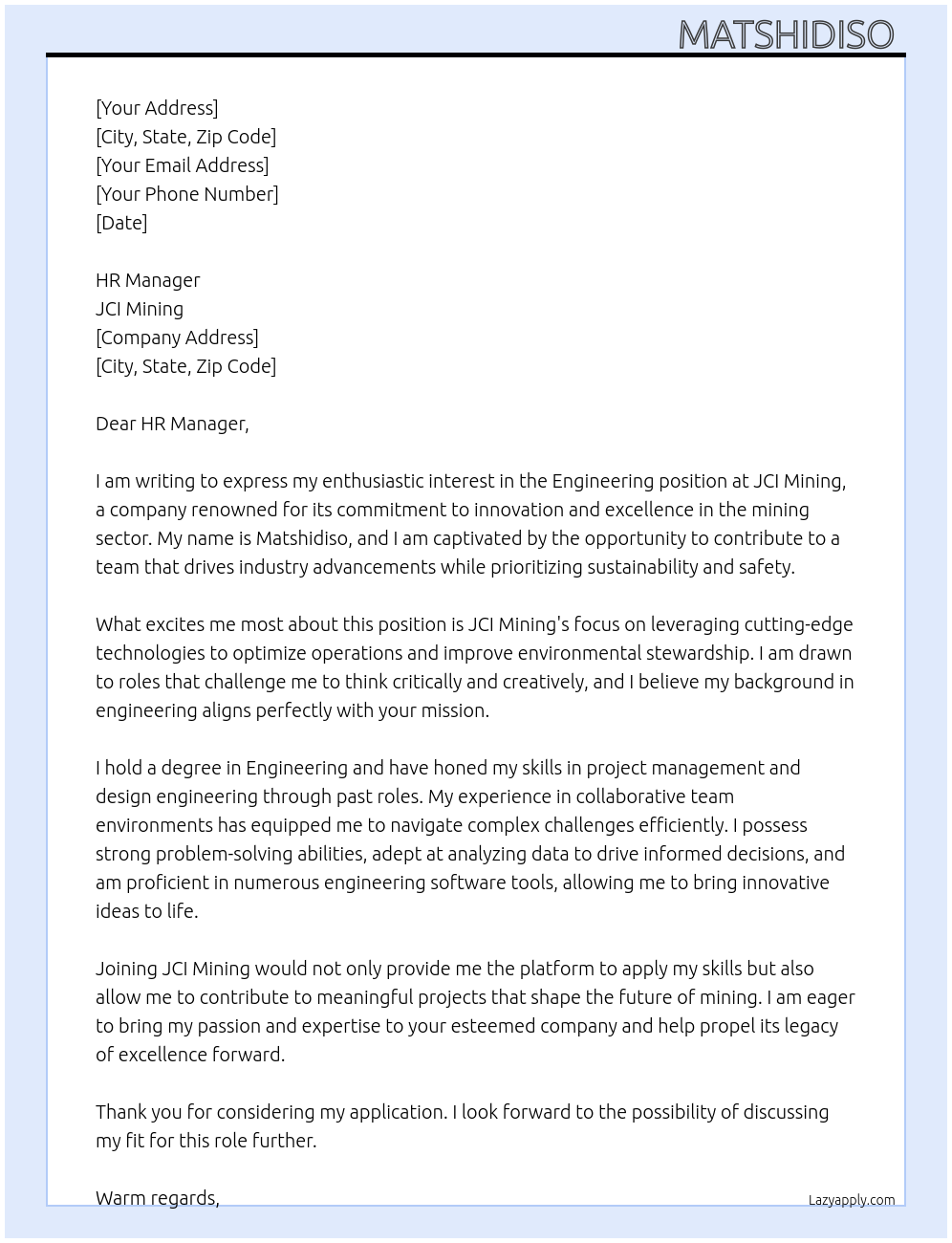 Engineering At JCI Mining Cover Letter