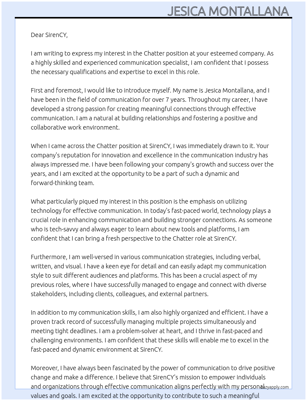 Chatter  At SirenCY Cover Letter