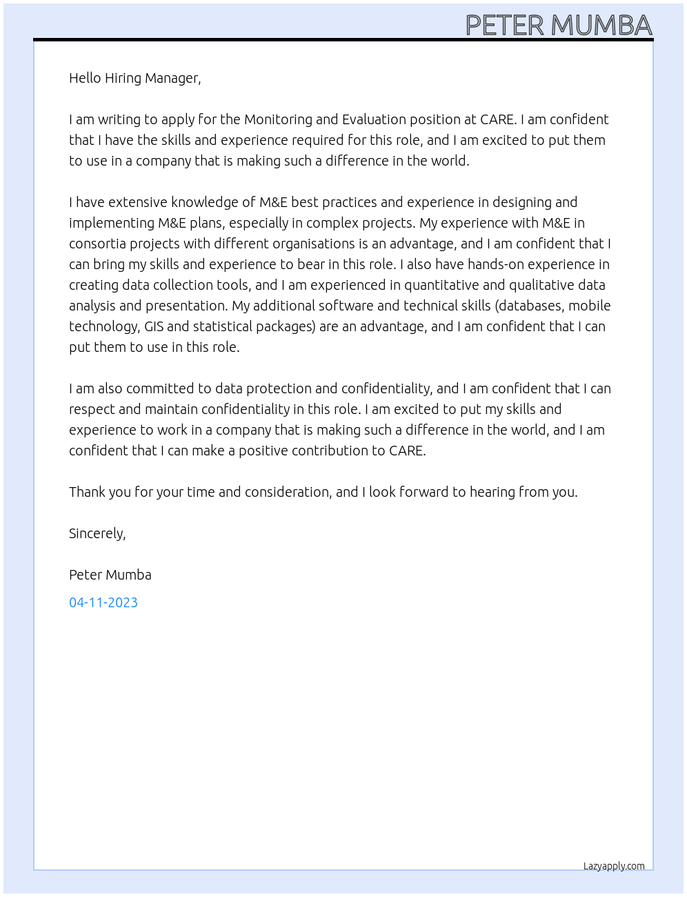 Monitoring and Evaluation At CARE Cover Letter