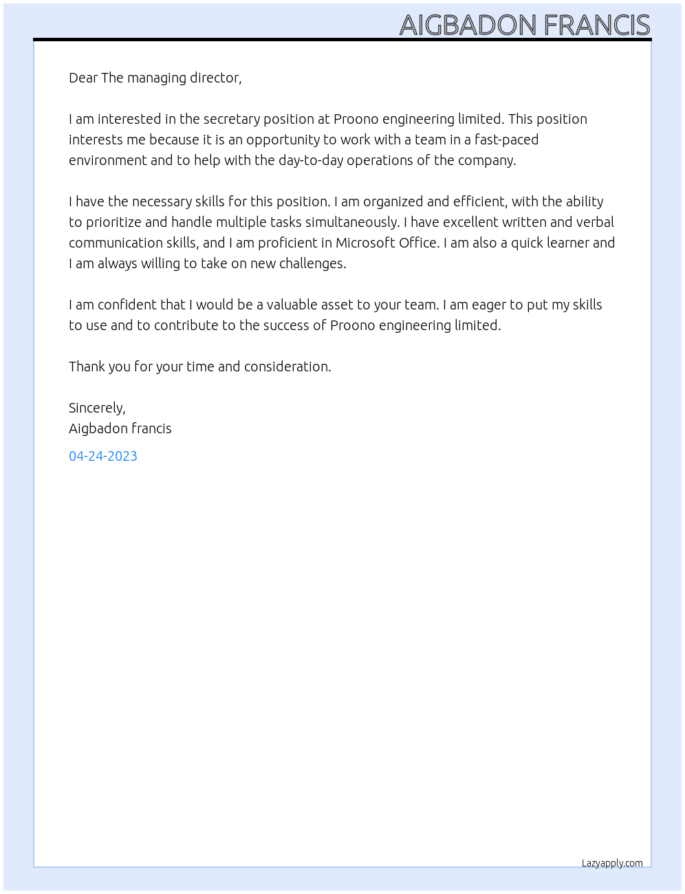 Secretary At Proono engineering limited Cover Letter