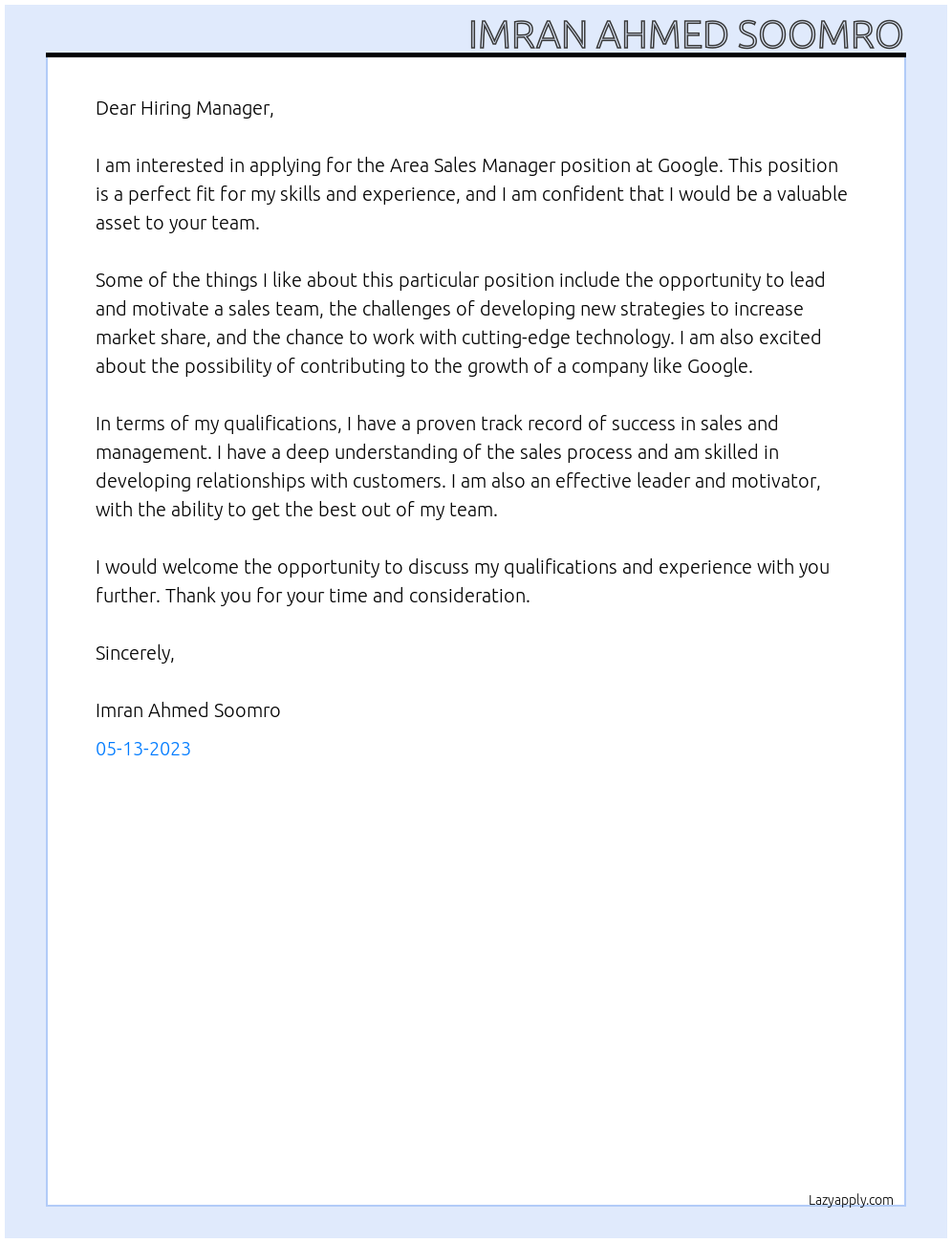 Area Sales Manager At Google Cover Letter