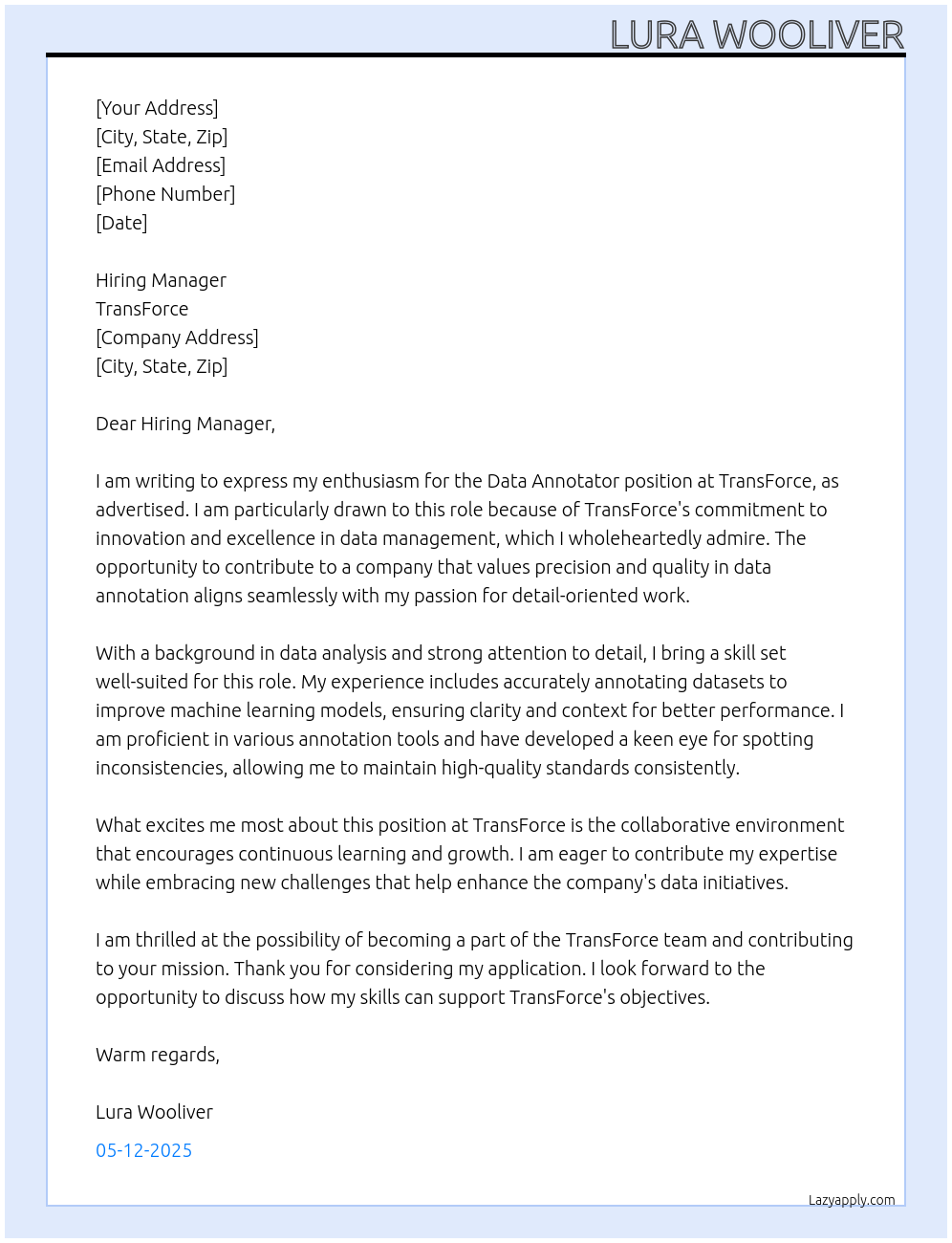 Data Annotator At TransForce Cover Letter