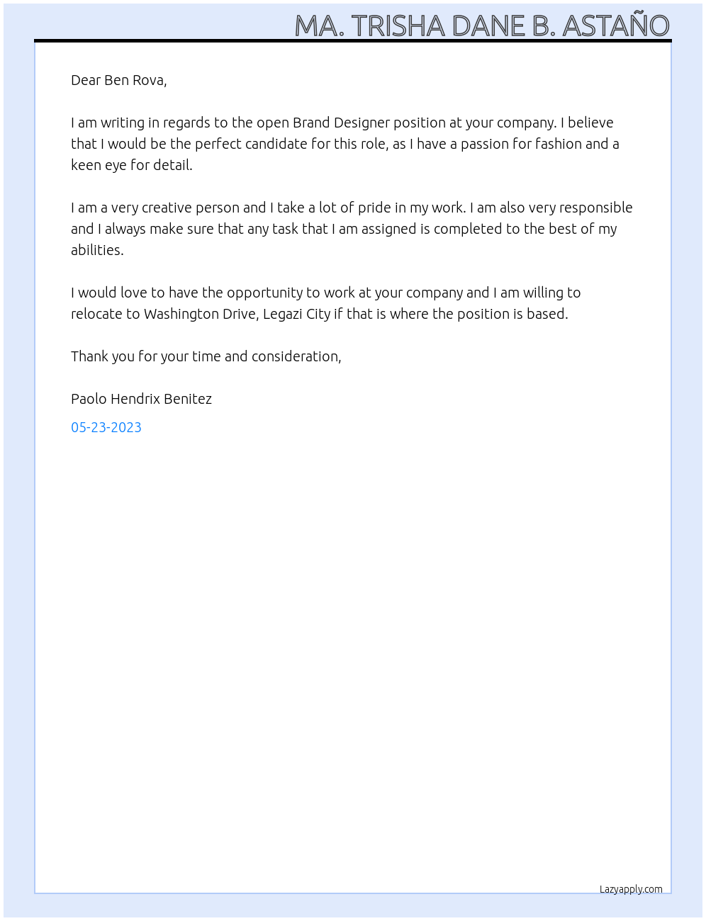 Brand Designer  At Ben Rova Cover Letter