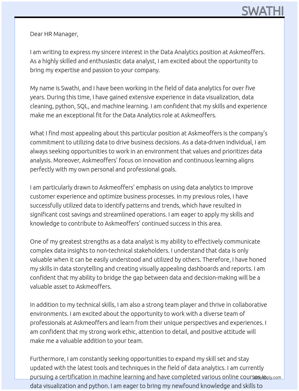 Data Analytics At Askmeoffers Cover Letter