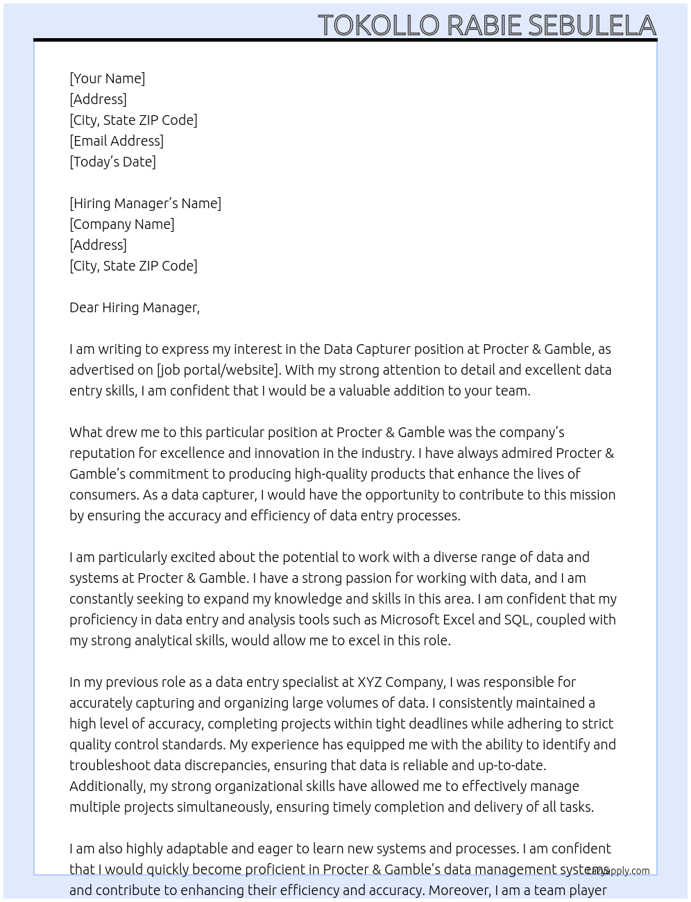 Data Capturer At Procter & Gamble Cover Letter