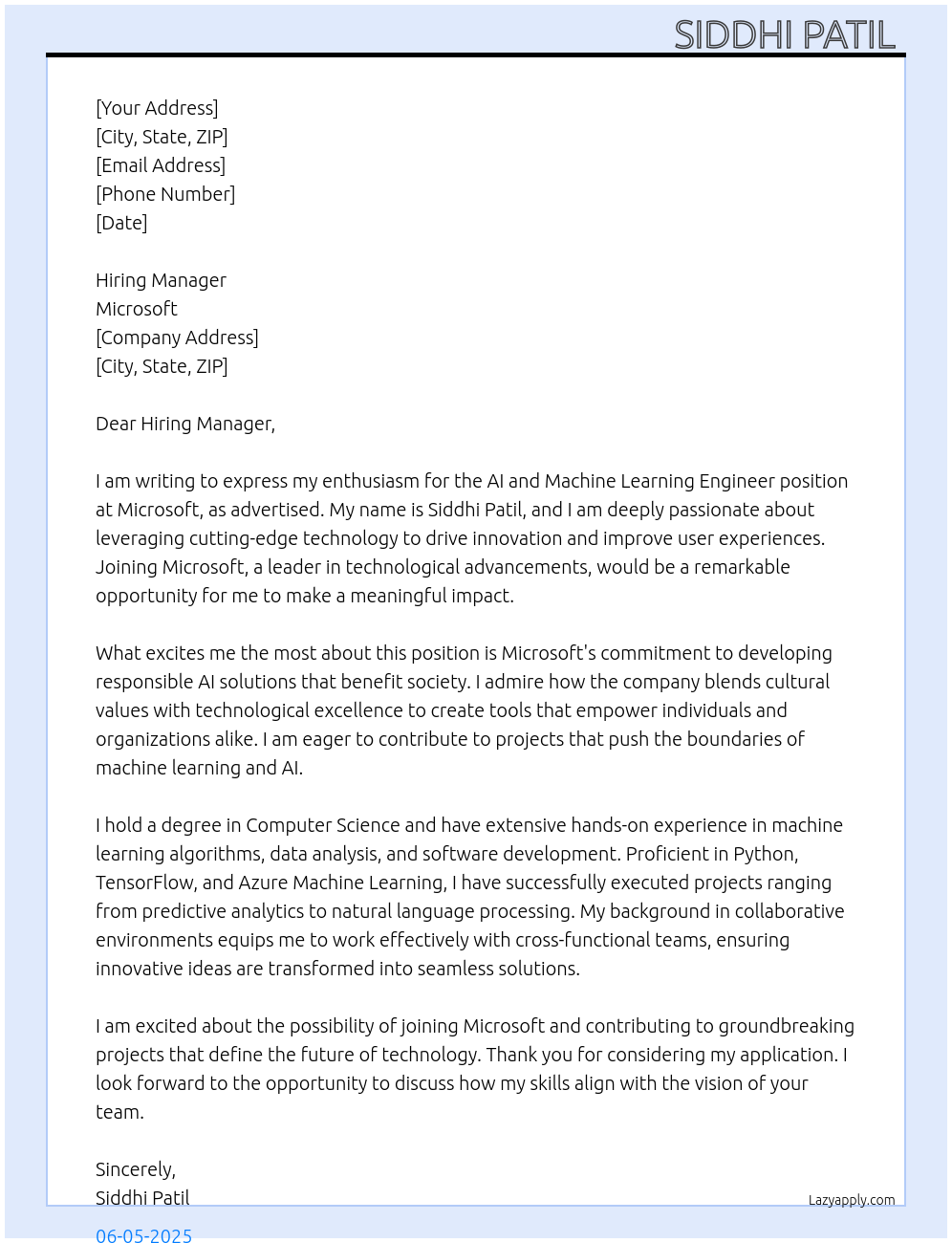 Cover letter for ai and machine learning engineer - LazyApply