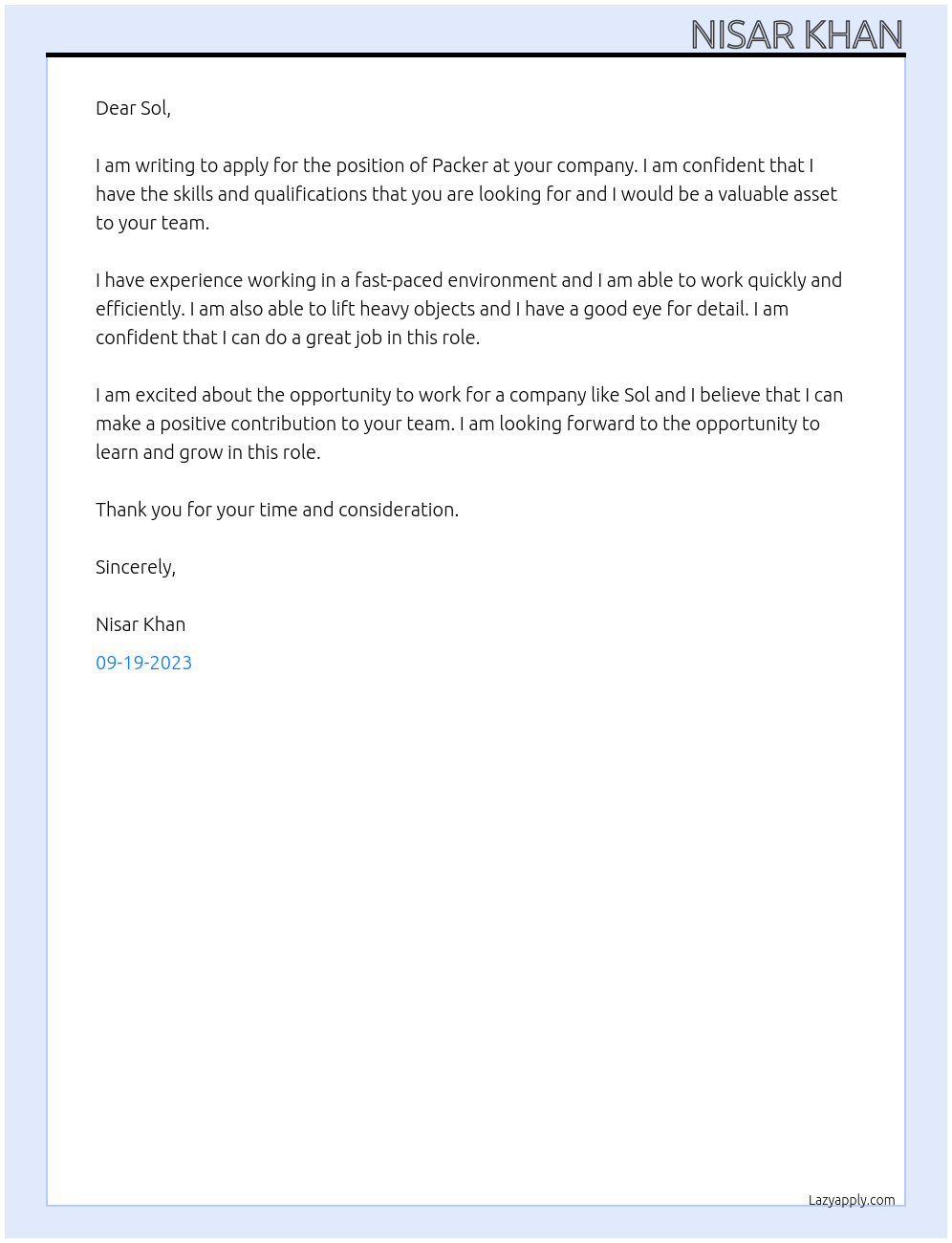 Packer At https://henkilostopalvelut.sol.fi/ Cover Letter