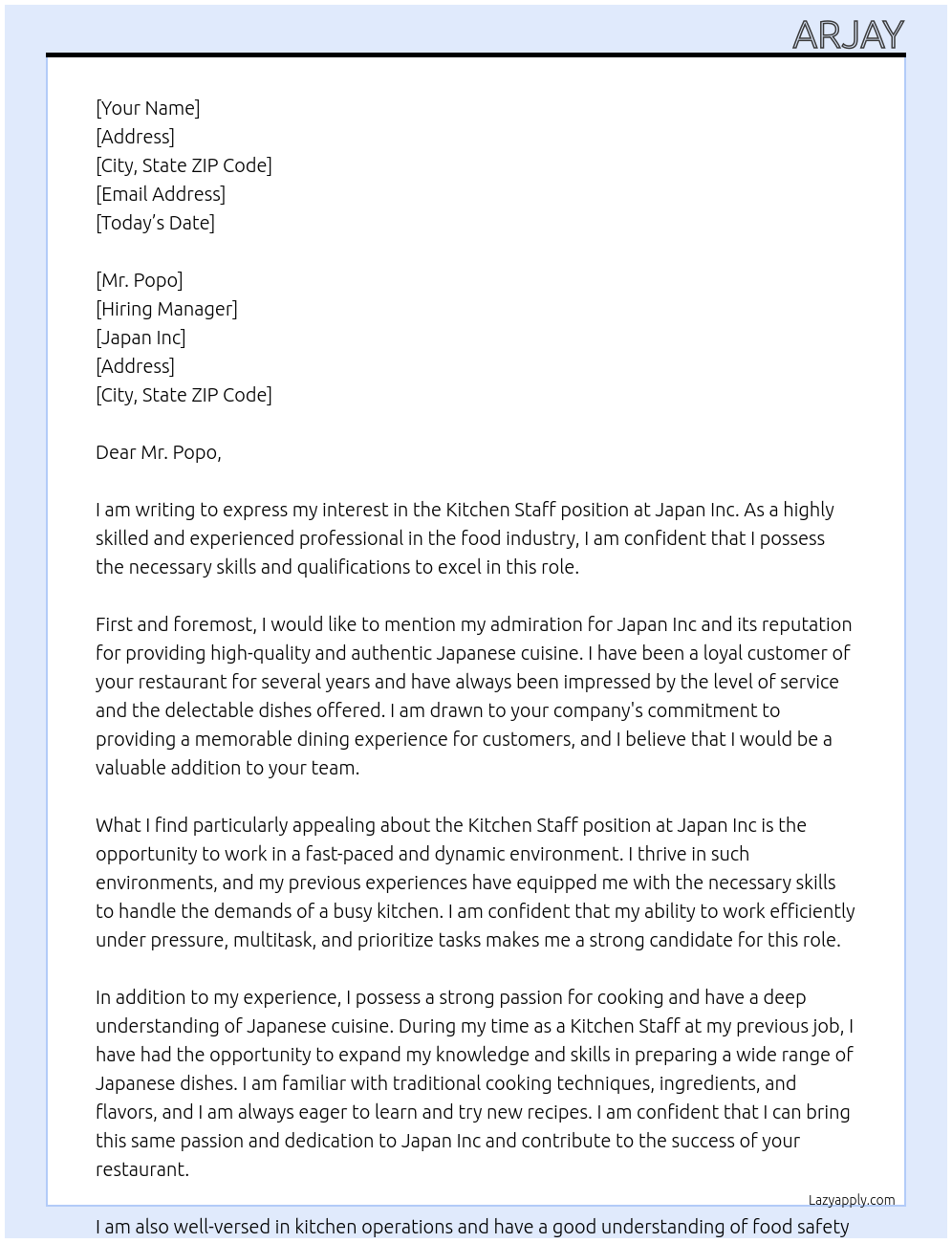 Kitchen staff At Japan Inc Cover Letter