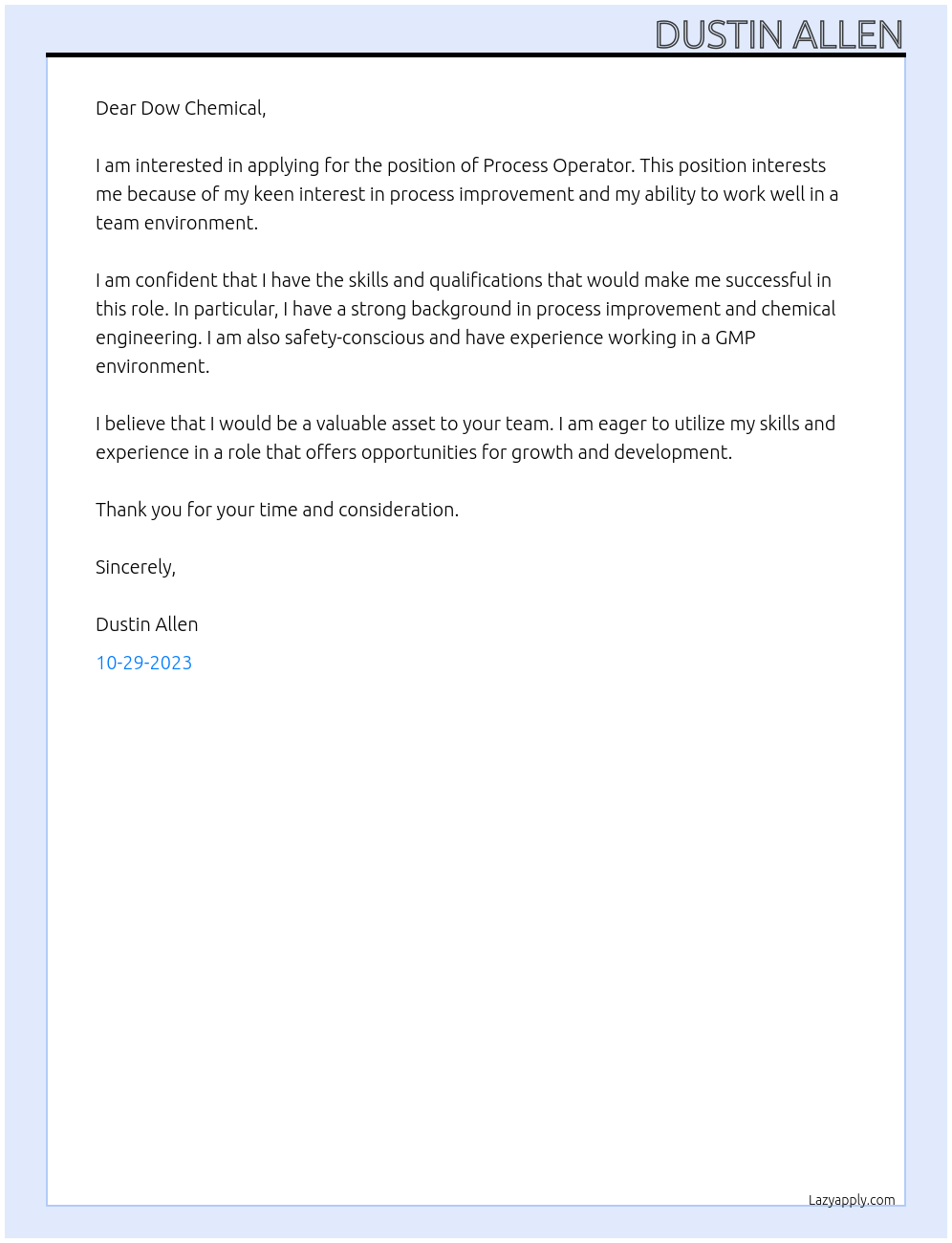 Process Operator At Dow Chemical Cover Letter