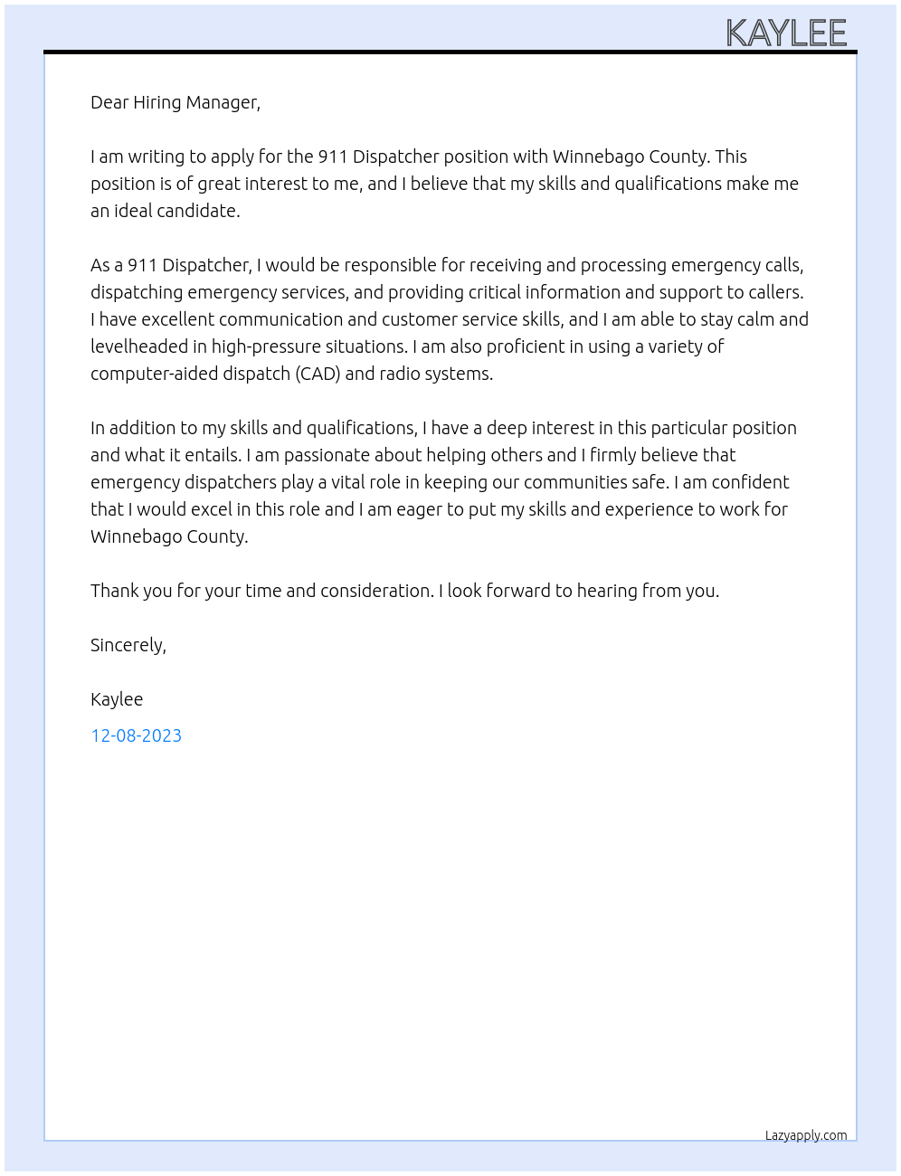 911 Dispatcher At Winnebago County Cover Letter