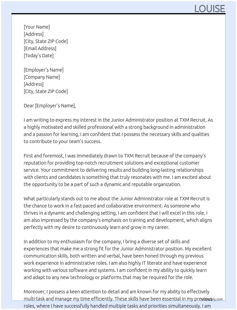 Junior Administrator At TXM Recruit Cover Letter