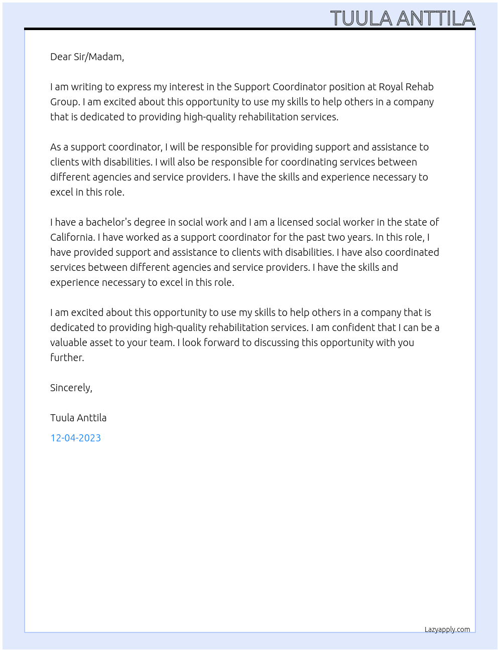 Support Coordinator At Royal Rehab Group Cover Letter