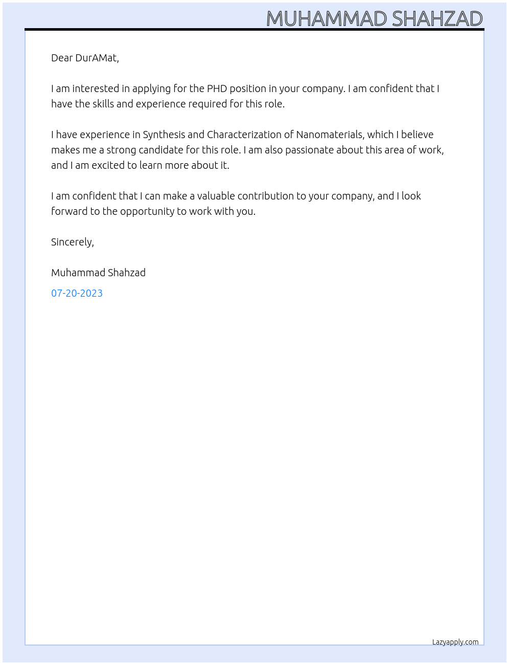 PHD At DurAMat Cover Letter